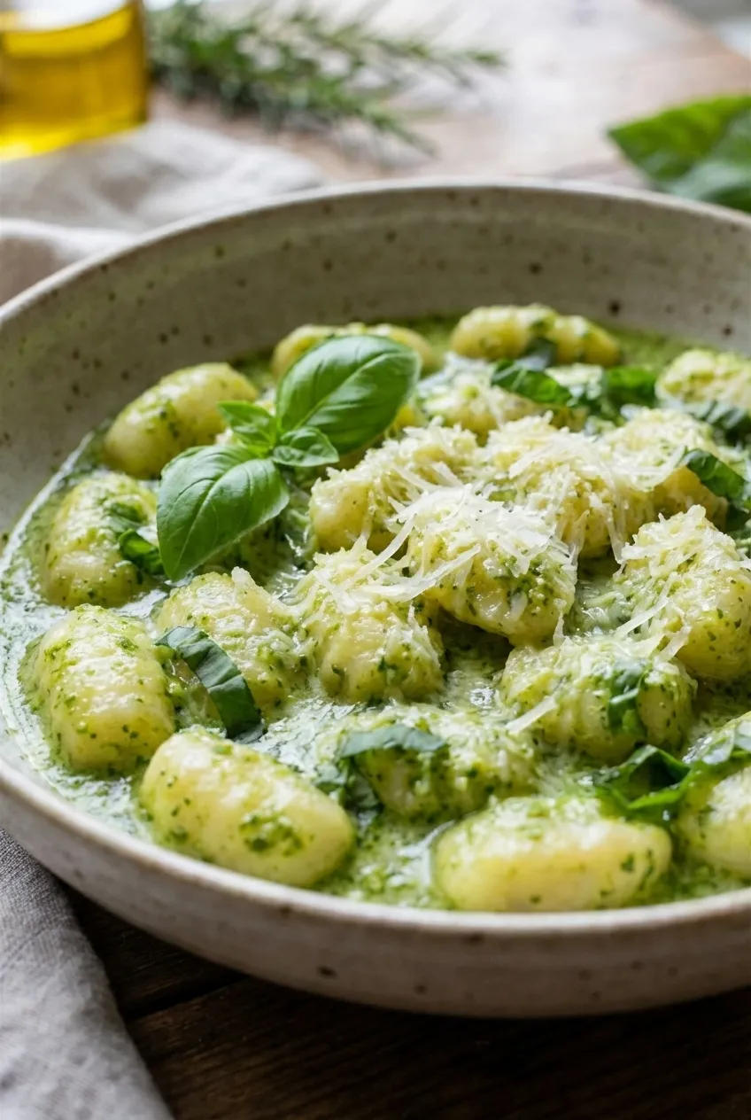 A large skillet filled with creamy pesto gnocchi, garnished with fresh basil leaves and grated Parmesan cheese.