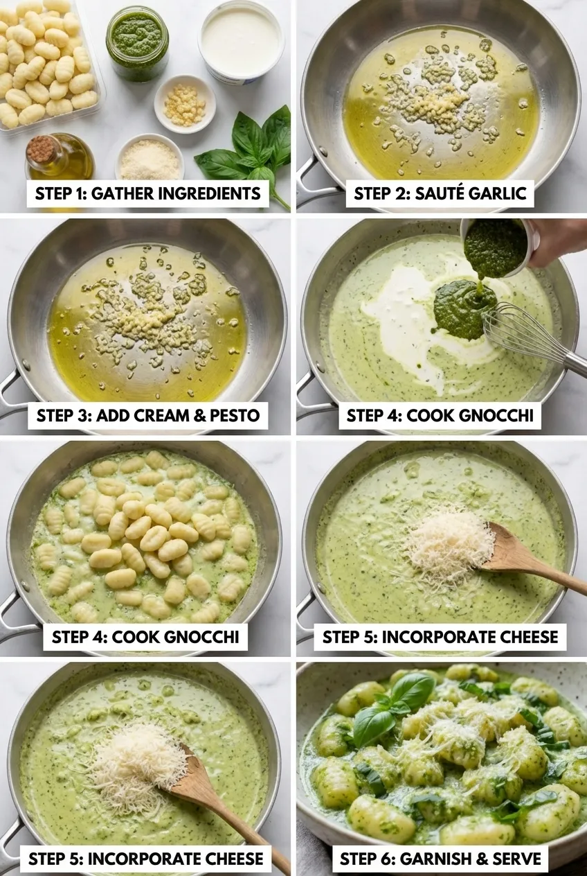 A large skillet filled with creamy pesto gnocchi, garnished with fresh basil leaves and grated Parmesan cheese.