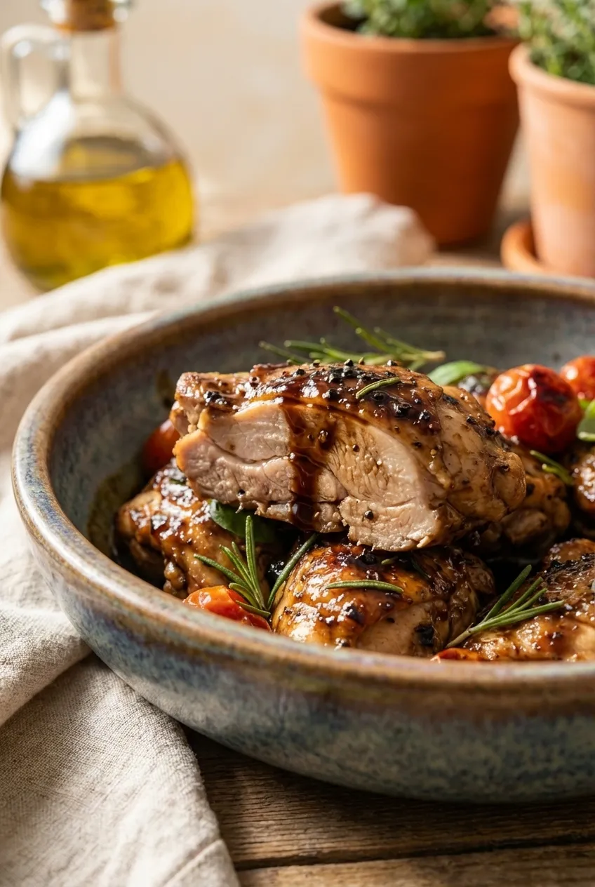 Crockpot balsamic chicken breasts simmering in a dark glaze inside the slow cooker insert.