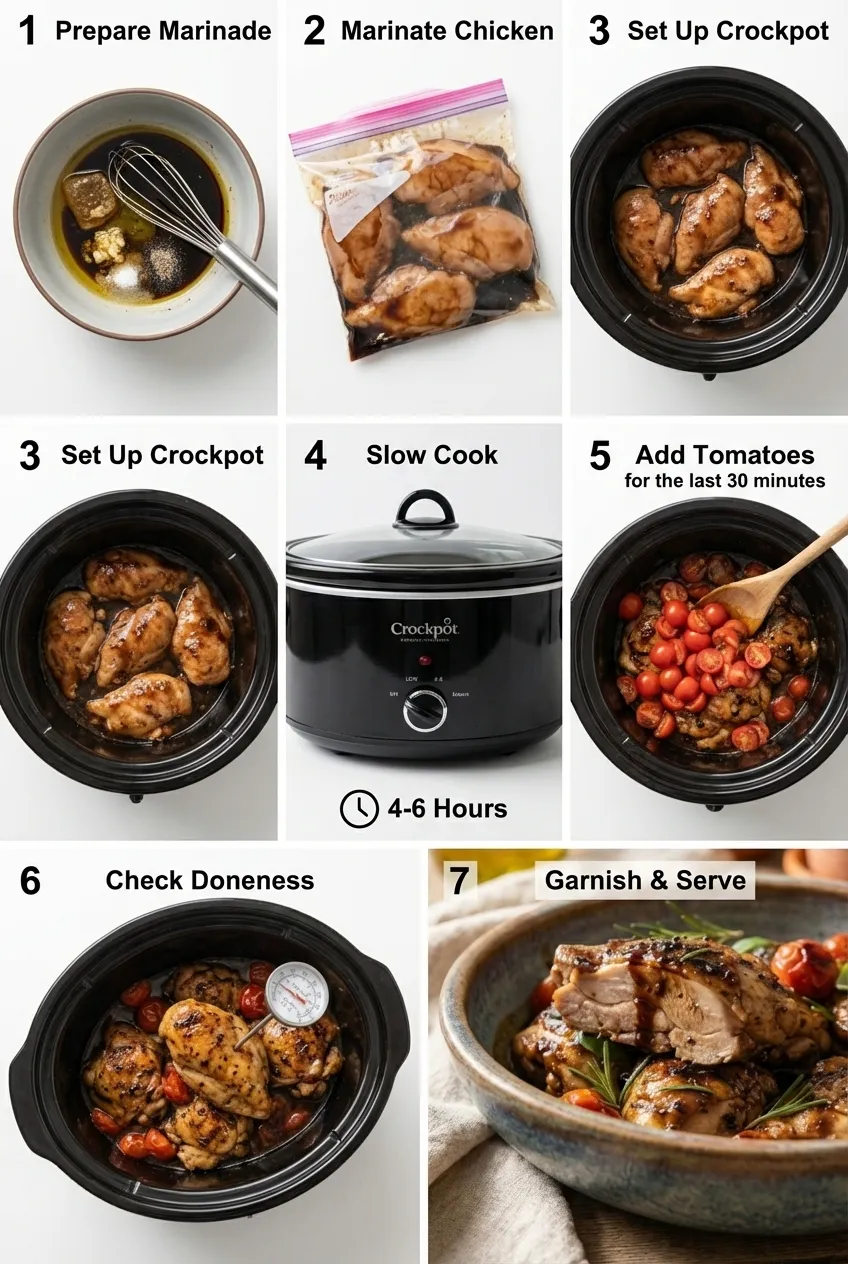 A serving of Crockpot balsamic chicken with cherry tomatoes and a rosemary garnish on a white plate.