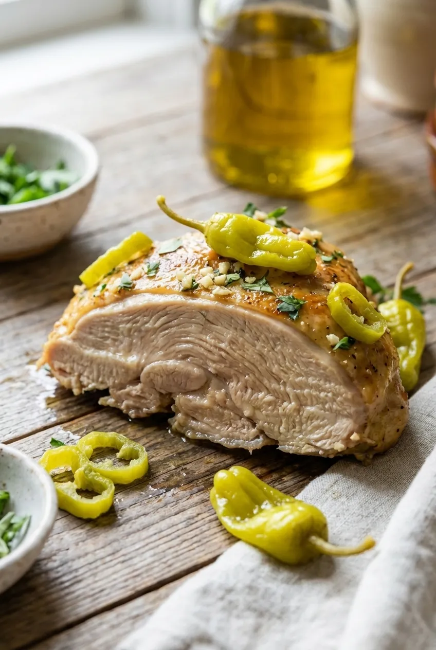 Slow cooker Mississippi chicken shredded in a white bowl, served with mashed potatoes.