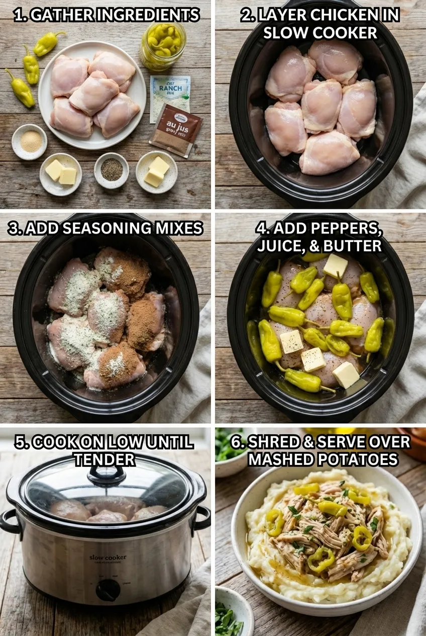 Slow cooker Mississippi chicken shredded in a white bowl, served with mashed potatoes.