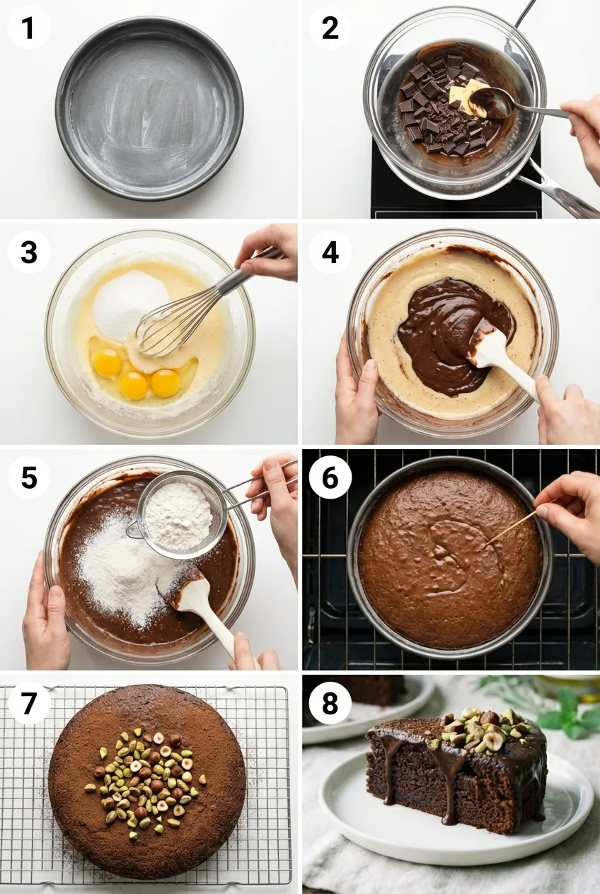 A slice of rich gluten-free chocolate cake on a white plate, garnished with chopped nuts and a dusting of cocoa powder.