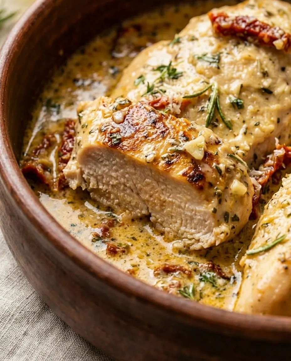 Crockpot creamy Italian chicken in a white bowl garnished with fresh herbs, served with a spoon.