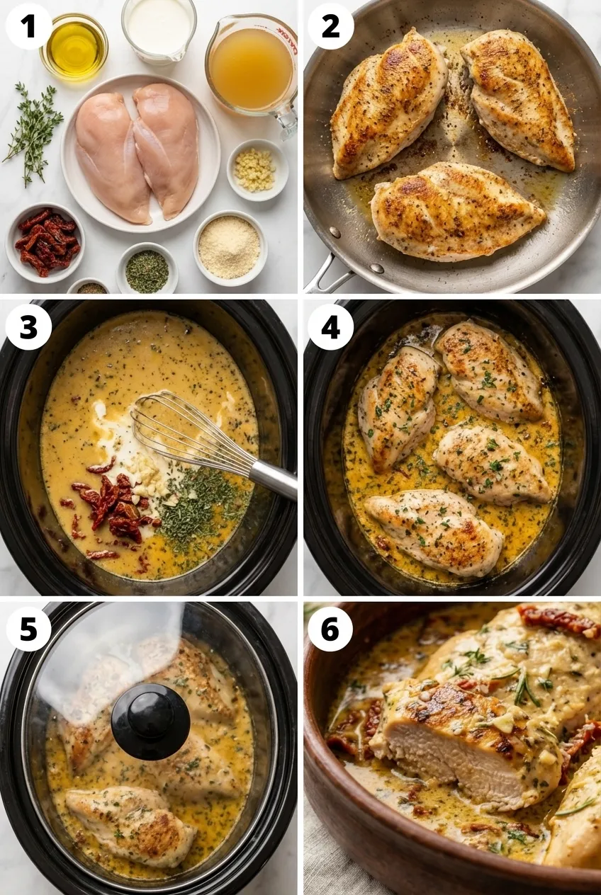 Crockpot creamy Italian chicken in a white bowl garnished with fresh herbs, served with a spoon.