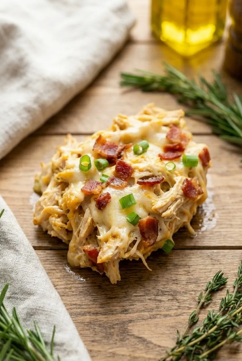 Creamy Crockpot Crack Chicken in a white bowl, garnished with green onions and bacon.