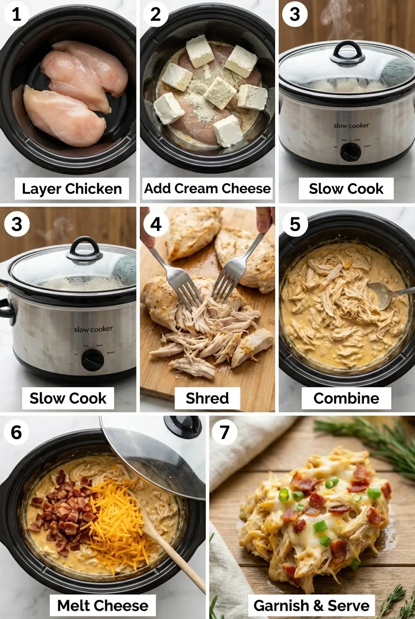 Creamy Crockpot Crack Chicken in a white bowl, garnished with green onions and bacon.