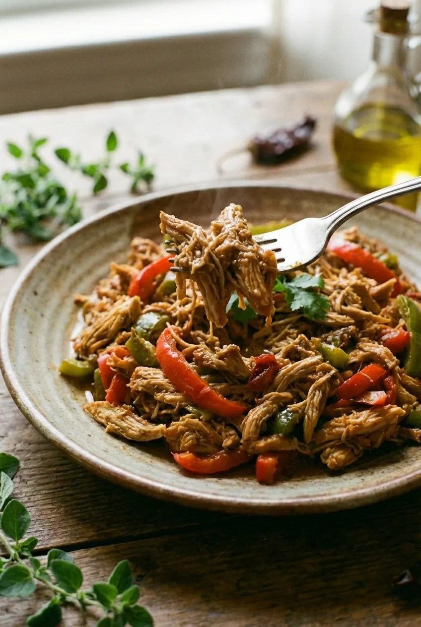 Crockpot taco chicken shredded in a slow cooker with peppers and onions.