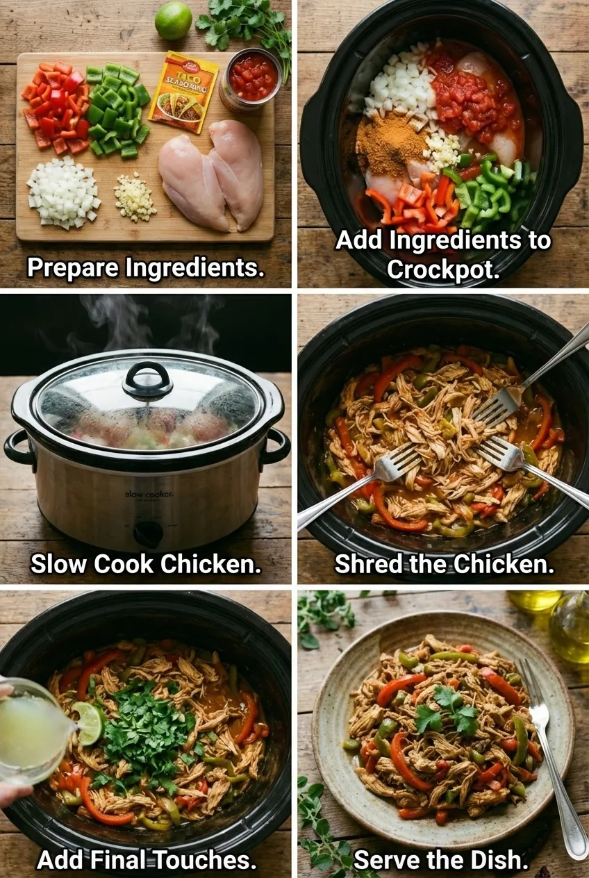 Crockpot taco chicken shredded in a slow cooker with peppers and onions.