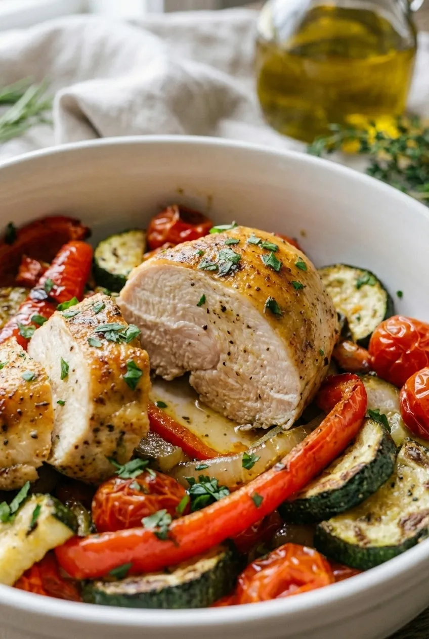 Overhead view of four meal prep containers with sliced baked chicken, roasted red peppers, and zucchini, garnished with parsley.