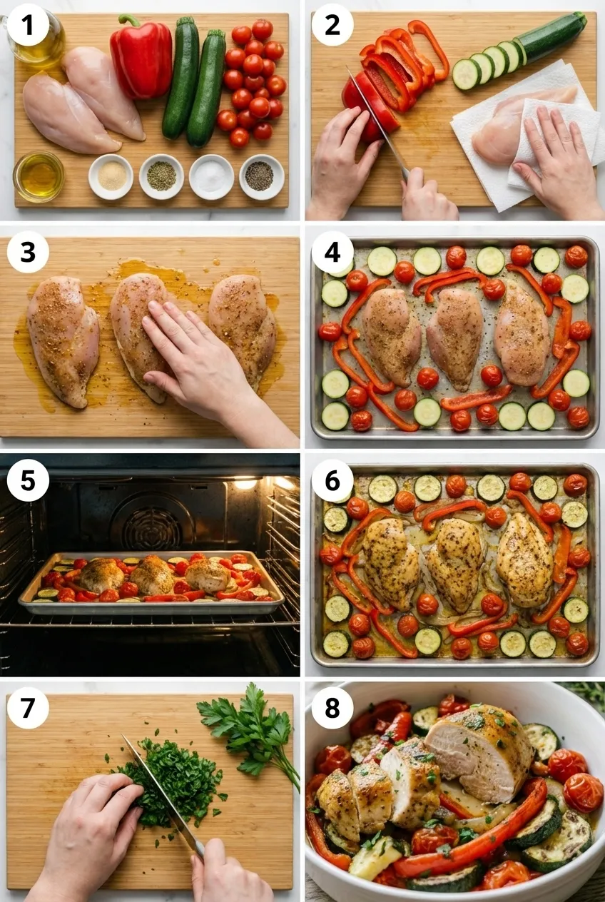 Overhead view of four meal prep containers with sliced baked chicken, roasted red peppers, and zucchini, garnished with parsley.
