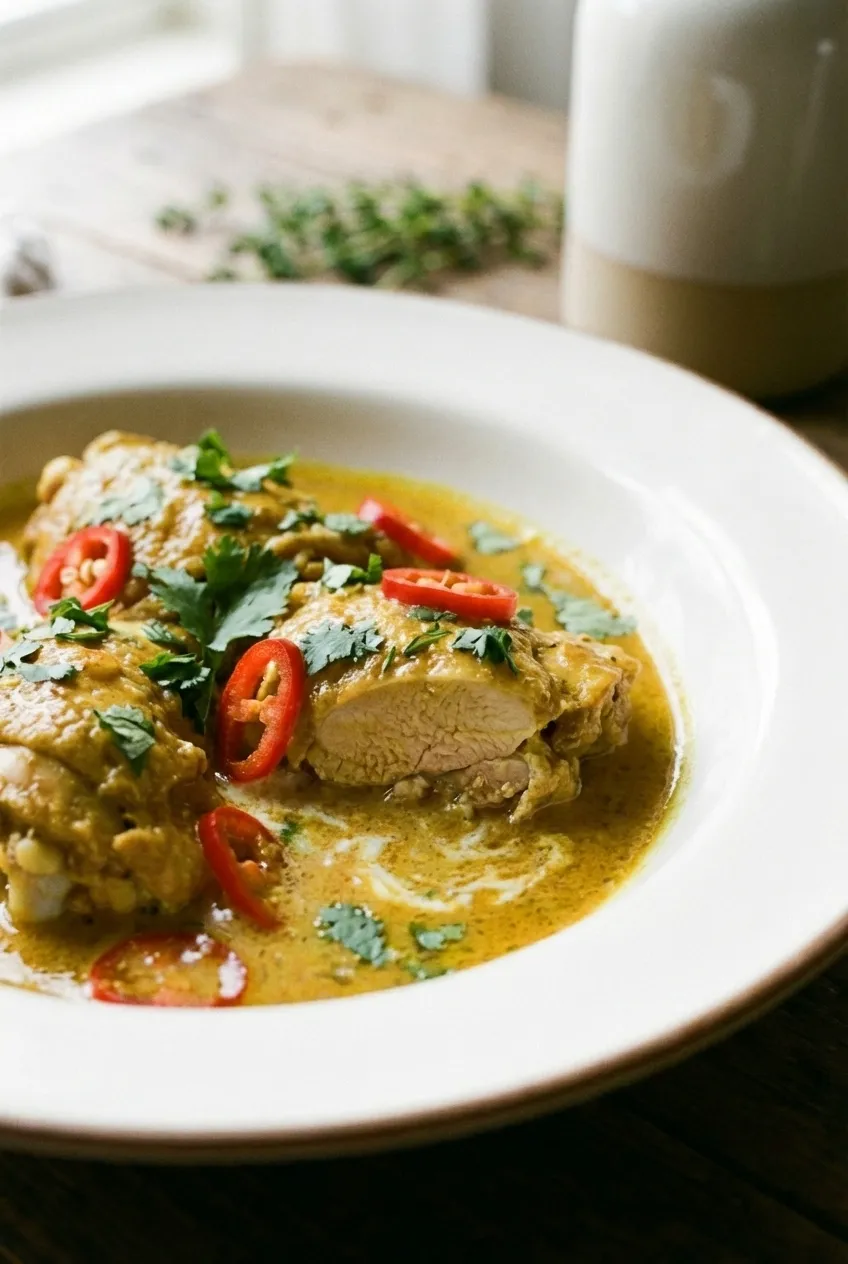 A bowl of coconut curry chicken with rice, garnished with fresh cilantro and sliced red chili peppers.