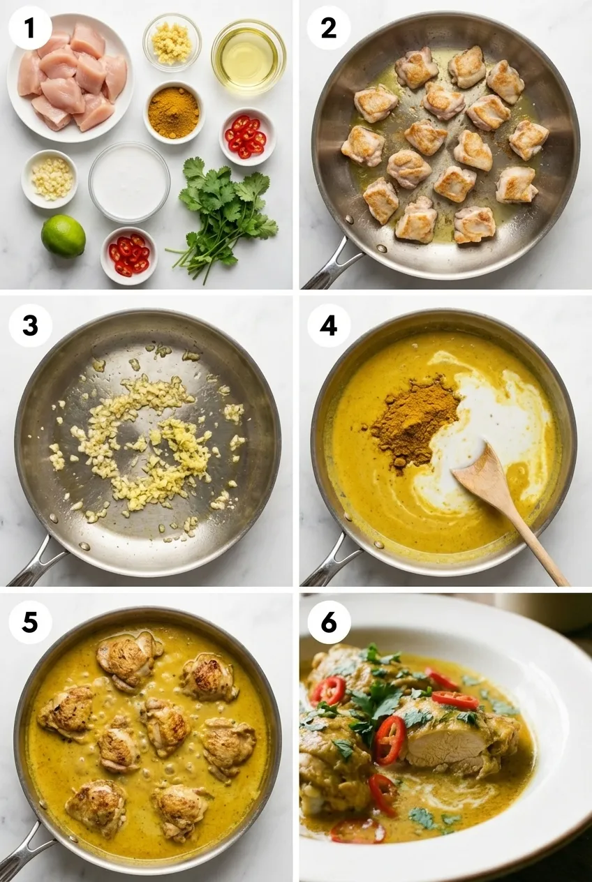 A bowl of coconut curry chicken with rice, garnished with fresh cilantro and sliced red chili peppers.