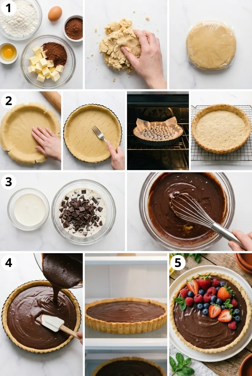 A whole spring berry chocolate tart on a serving plate, topped with fresh strawberries, blueberries, and raspberries.