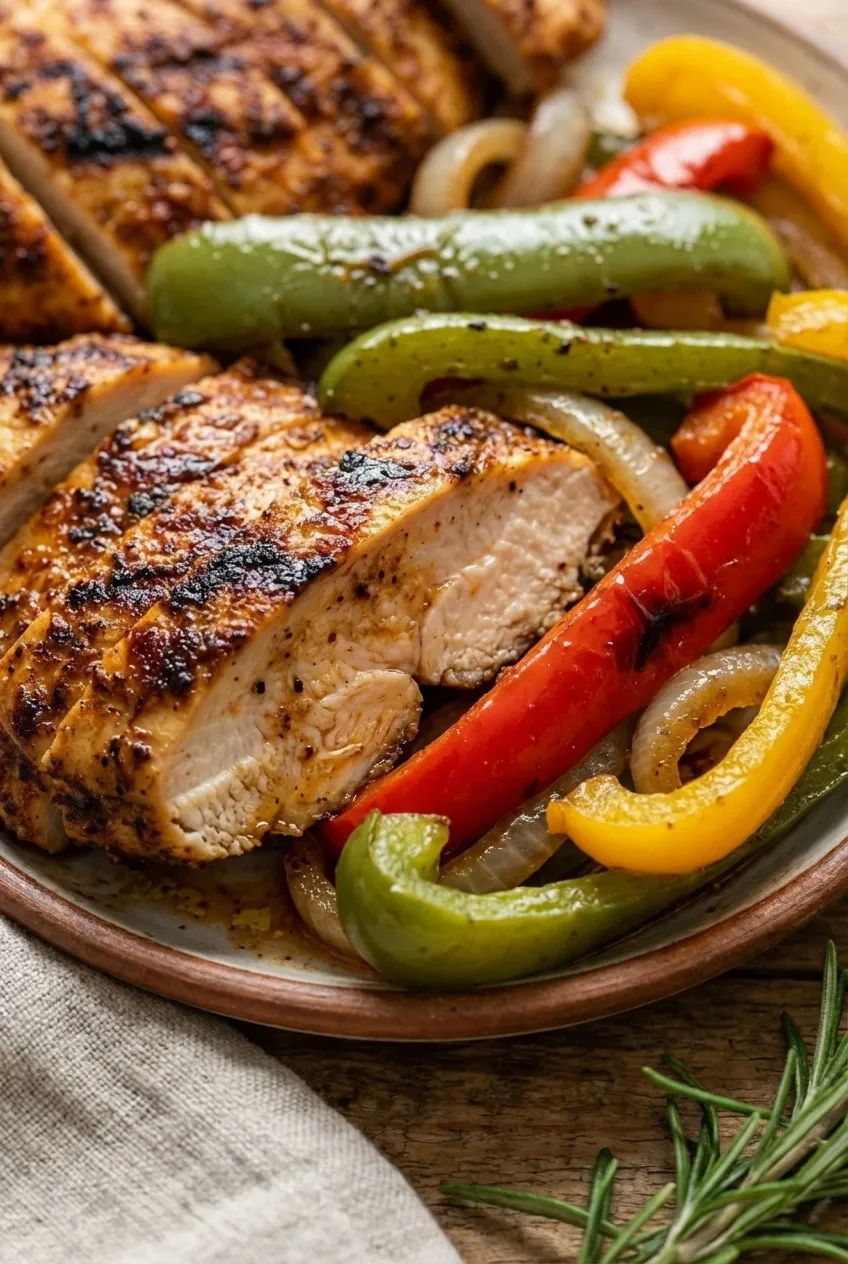 Overhead view of four meal prep containers with grilled fajita chicken strips, sliced bell peppers, and onions.