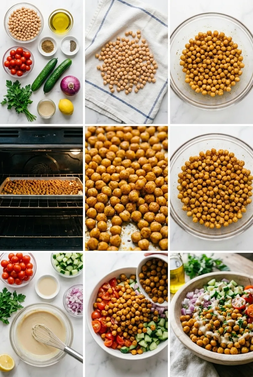 An overhead view of a Mediterranean chickpea bowl with roasted chickpeas, tomatoes, cucumber, and red onion, drizzled with tahini dressing.