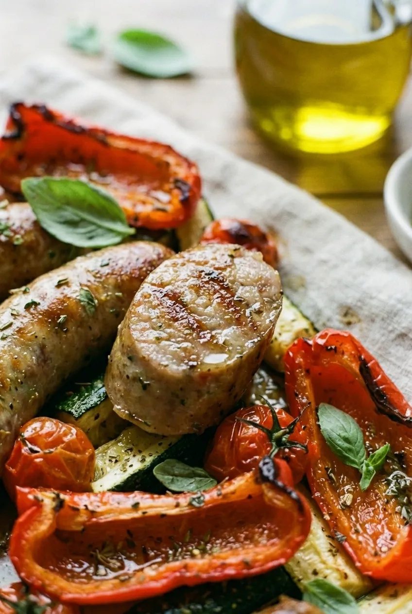 An overhead view of the Italian sausage and vegetable bake on a sheet pan, garnished with fresh herbs.