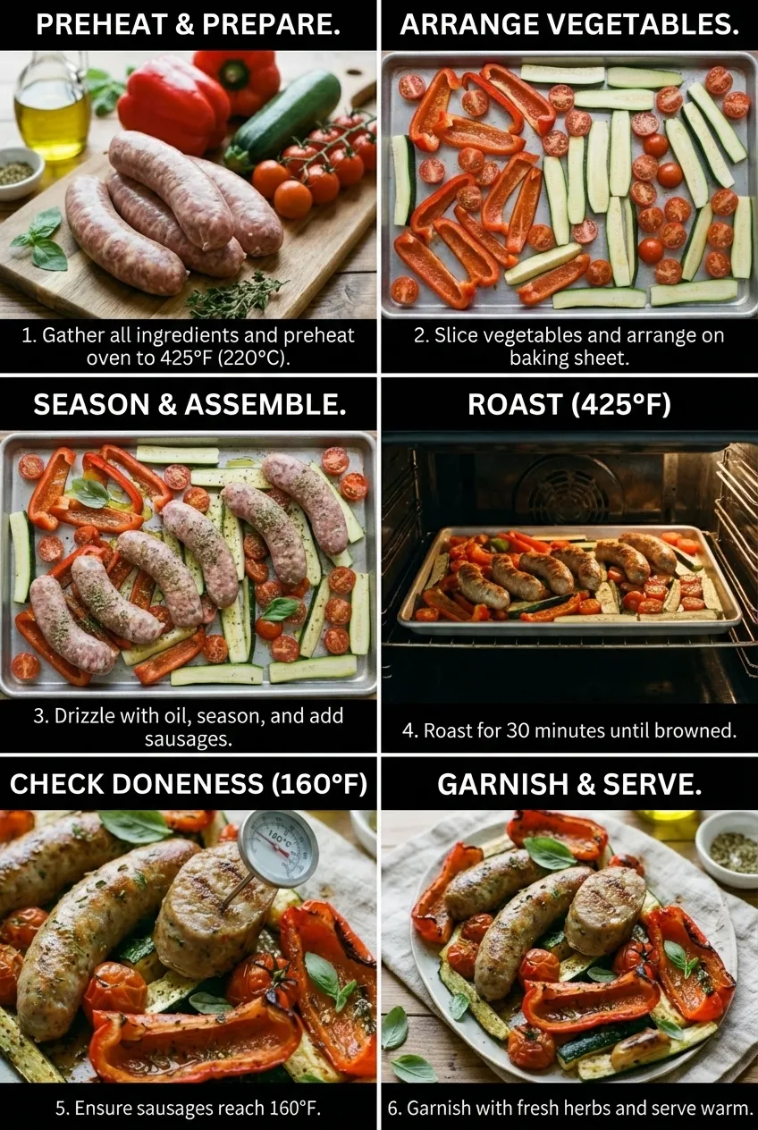 A baking sheet with roasted Italian sausage links, sliced red bell peppers, zucchini, and burst cherry tomatoes, viewed from the side.