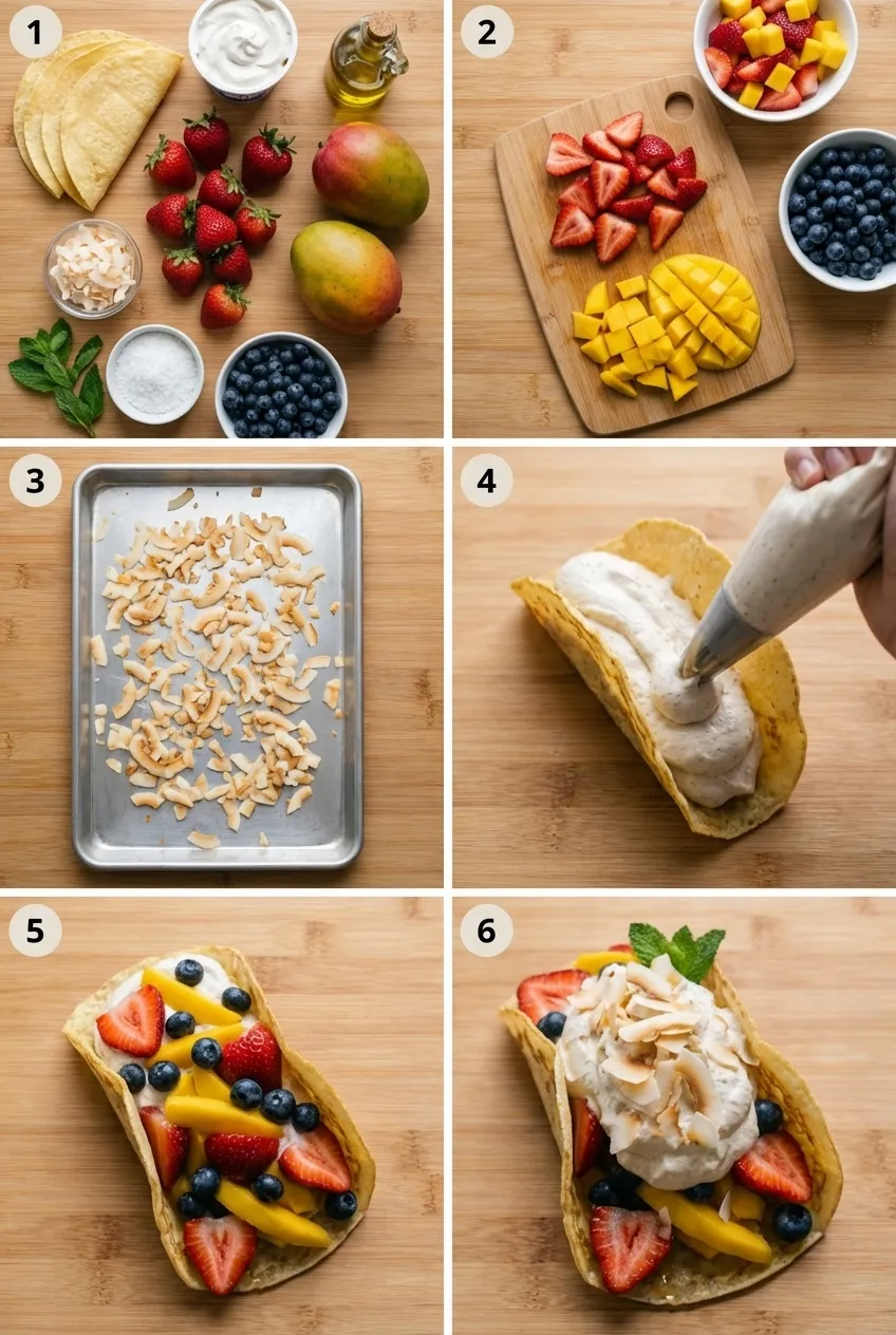 An overhead shot of four fruit dessert tacos on a white plate, filled with whipped cream, strawberries, blueberries, and mango.