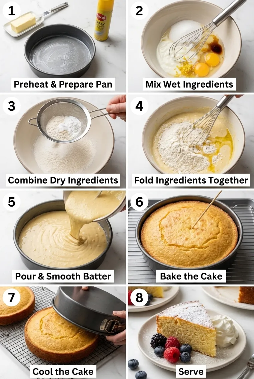 A whole Gâteau au Yaourt on a wire cooling rack, dusted with powdered sugar, with one slice cut out.