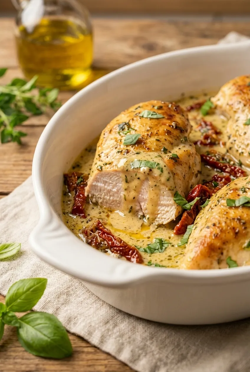 Marry Me Chicken in a skillet, with creamy sun-dried tomato sauce and fresh basil garnish.