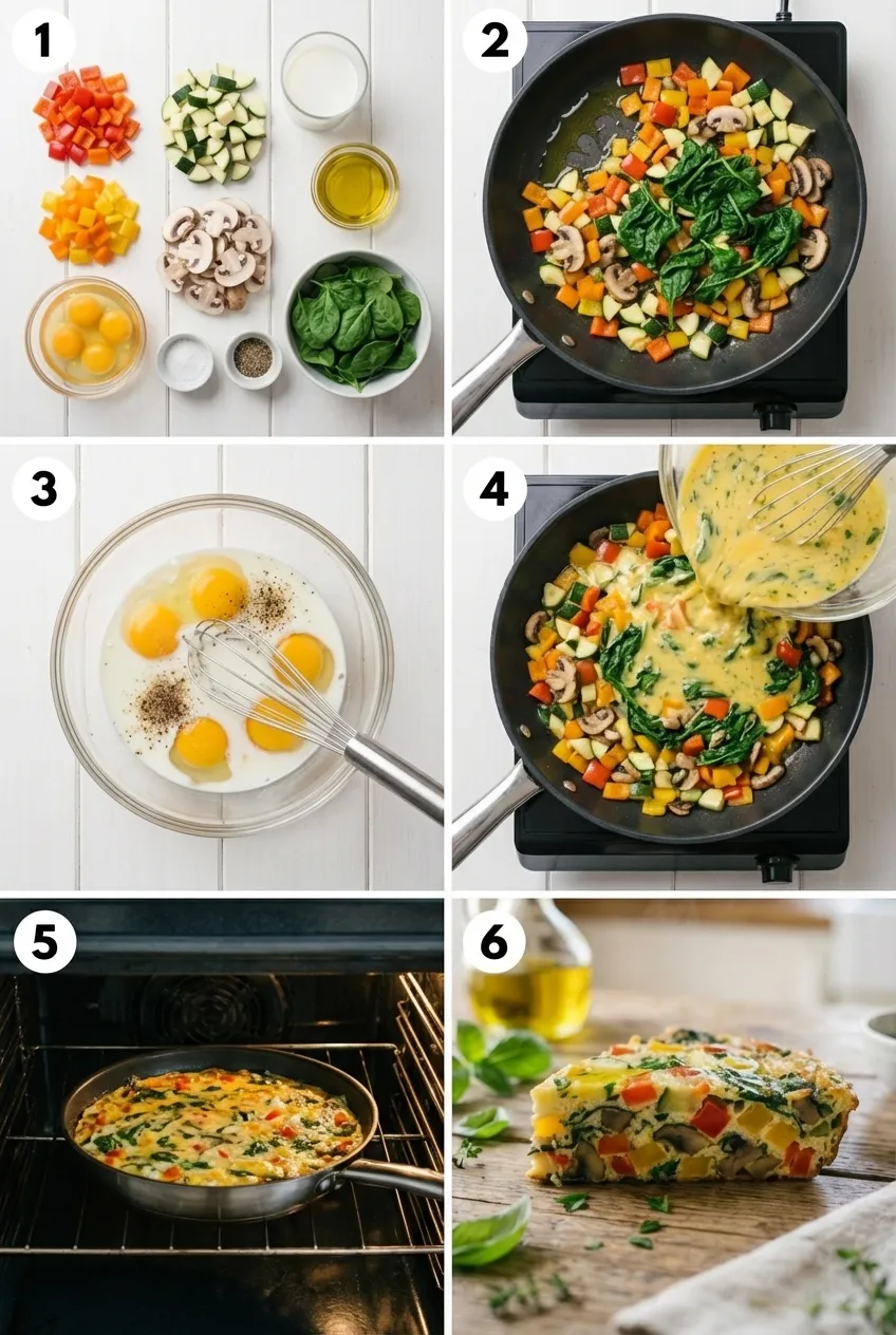 A golden-brown vegetable frittata in a black cast-iron skillet, topped with fresh basil and sliced into wedges.