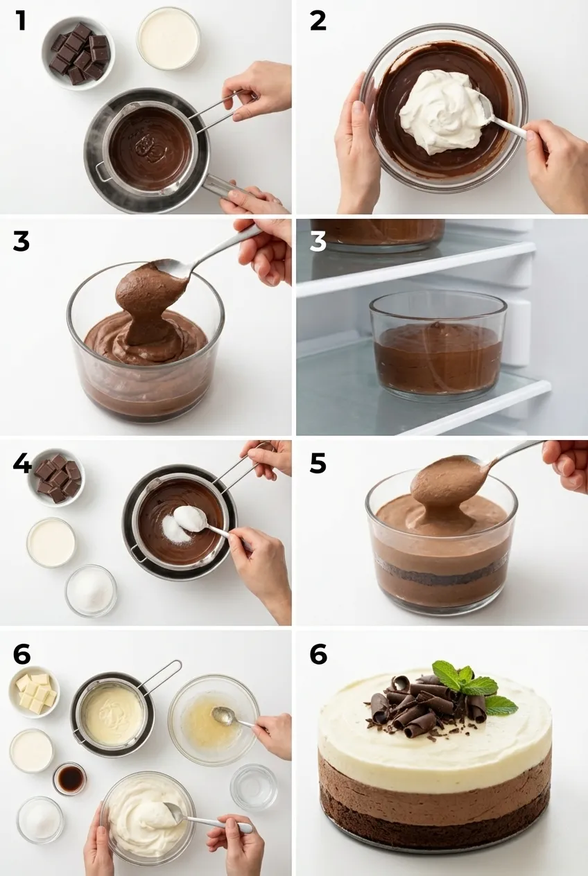 A glass cup showing layers of dark, milk, and white chocolate mousse, topped with chocolate shavings and a mint leaf.