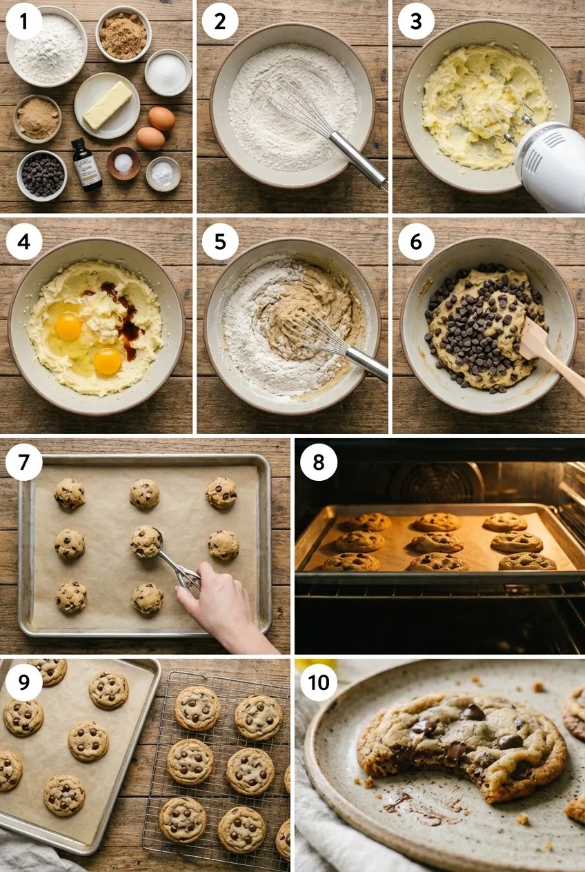 A stack of classic chocolate chip cookies on a white plate, with one broken in half to show the gooey melted chocolate.