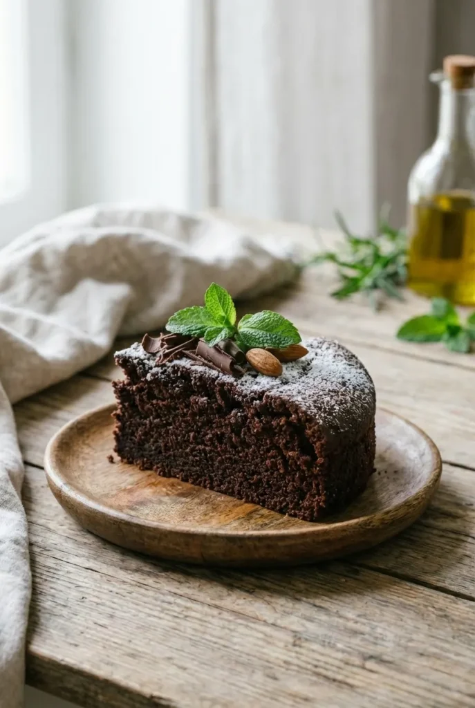 A slice of gluten-free chocolate cake on a white plate, dusted with powdered sugar, with the rest of the cake in the background.