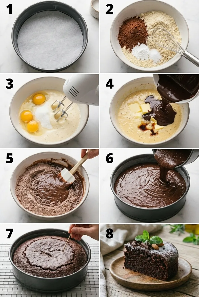 A slice of gluten-free chocolate cake on a white plate, dusted with powdered sugar, with the rest of the cake in the background.