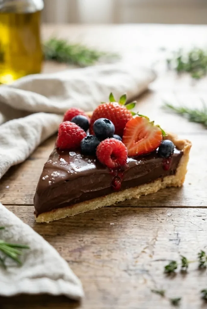A whole spring berry chocolate tart on a serving plate, topped with fresh strawberries, blueberries, and raspberries.