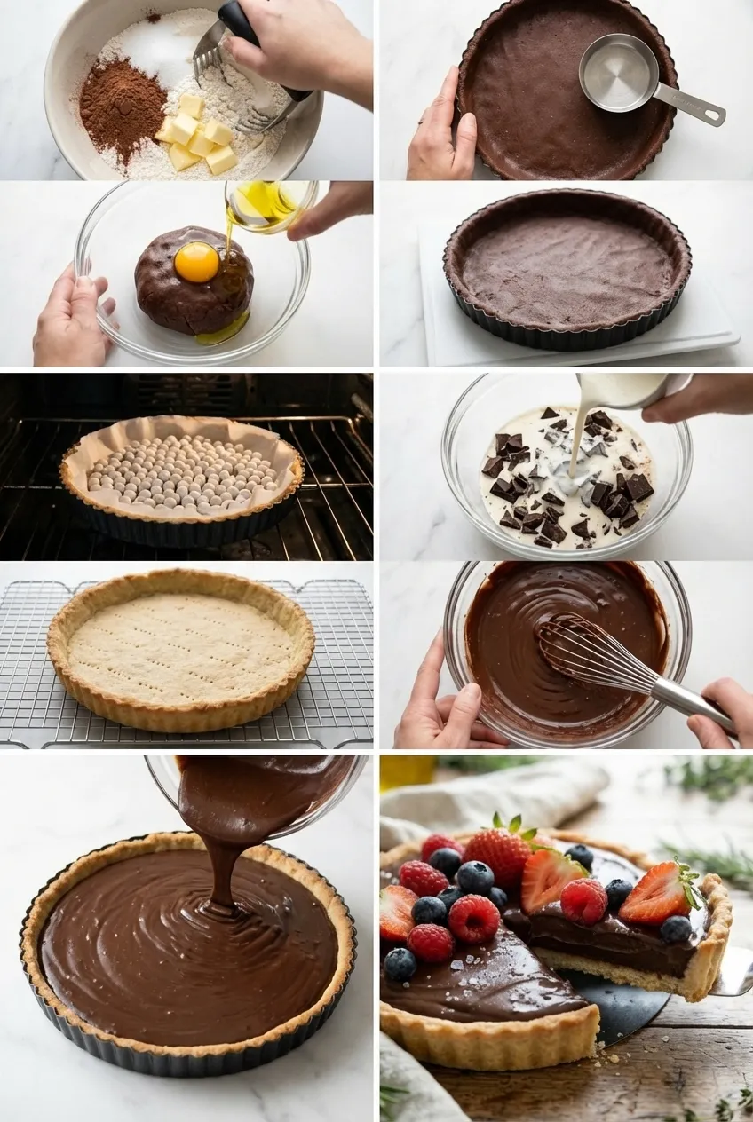 A whole spring berry chocolate tart on a serving plate, topped with fresh strawberries, blueberries, and raspberries.