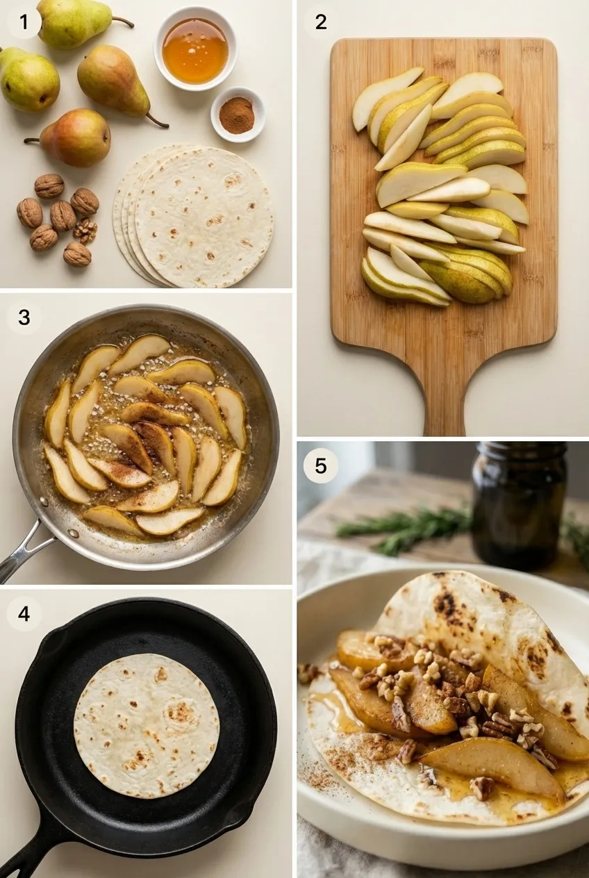 Dessert tacos with caramelized pears and chopped nuts on a white plate.