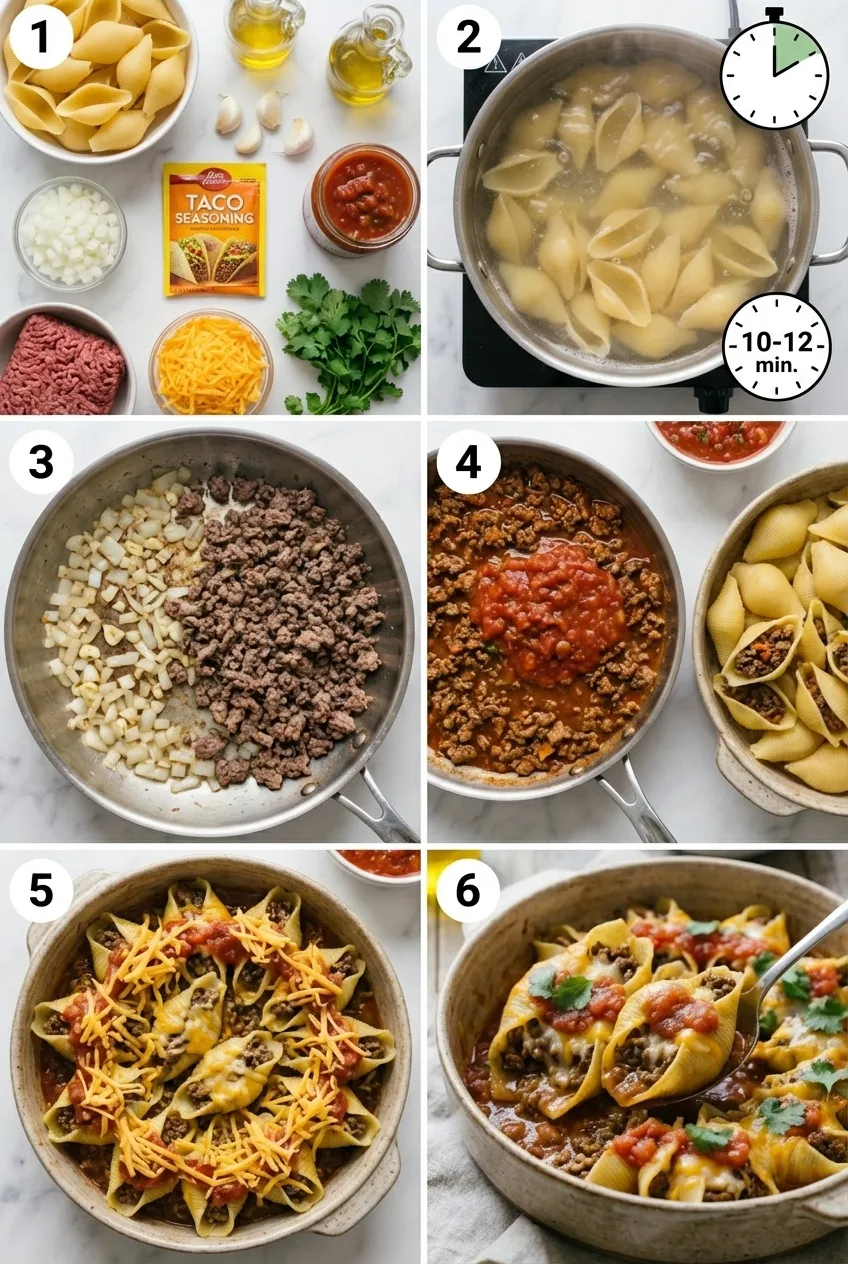 A casserole dish of baked taco stuffed shells, topped with melted cheddar cheese, salsa, and fresh cilantro.