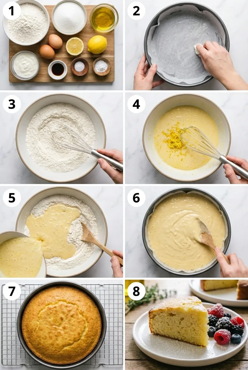 A slice of golden-brown French yogurt cake on a white plate with the full cake on a wire rack in the background.