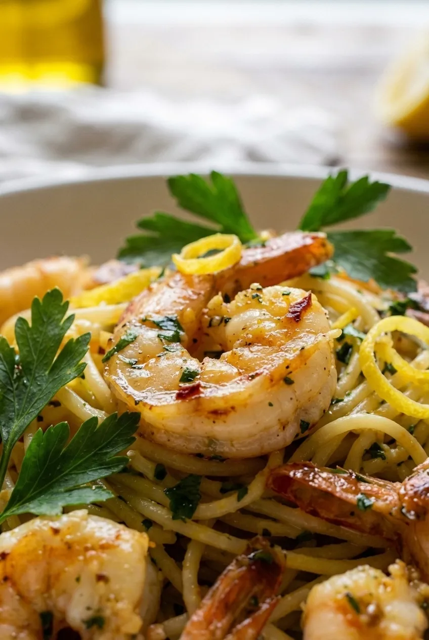 A white bowl of garlic butter shrimp scampi with spaghetti, garnished with fresh parsley.