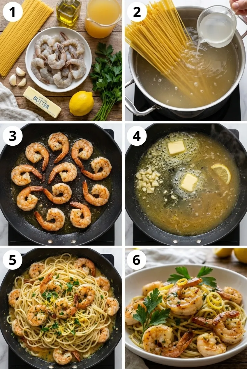 A white bowl of garlic butter shrimp scampi with spaghetti, garnished with fresh parsley.