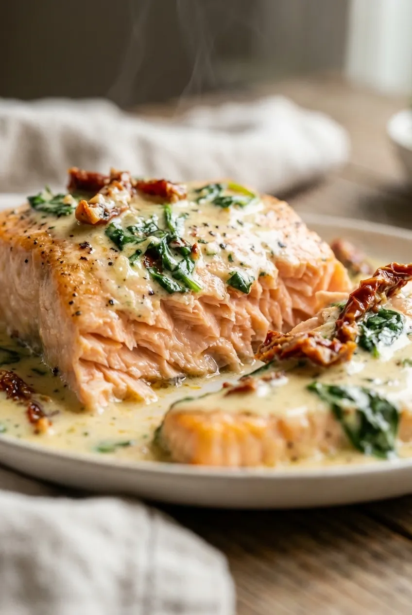A skillet of creamy Tuscan salmon with fillets nestled in a sauce with spinach and sun-dried tomatoes.