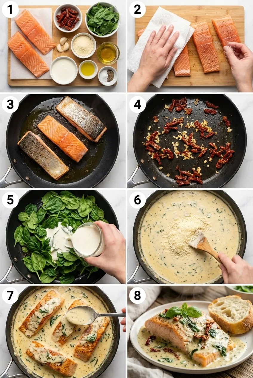 A skillet of creamy Tuscan salmon with fillets nestled in a sauce with spinach and sun-dried tomatoes.