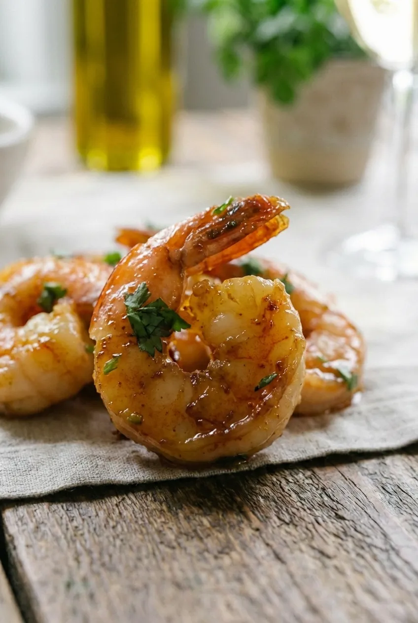 A white bowl filled with rice and honey lime shrimp, garnished with fresh cilantro and a lime wedge.