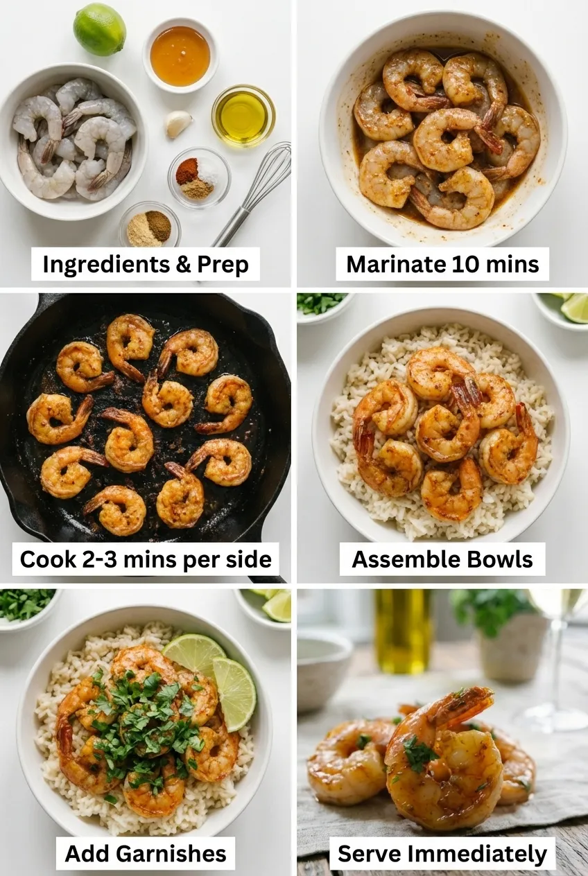 A white bowl filled with rice and honey lime shrimp, garnished with fresh cilantro and a lime wedge.