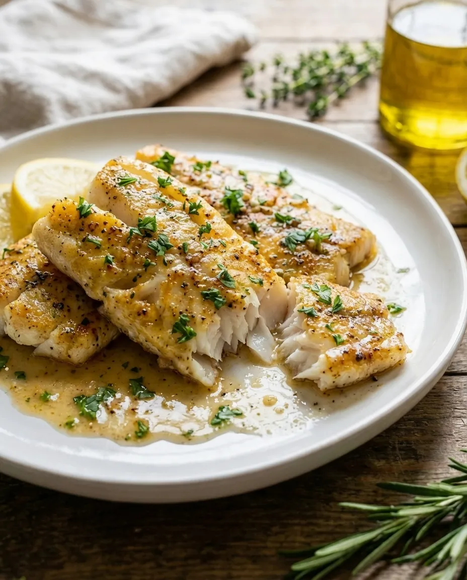Pan-seared cod fillets in a lemon garlic butter sauce in a skillet, topped with fresh parsley.