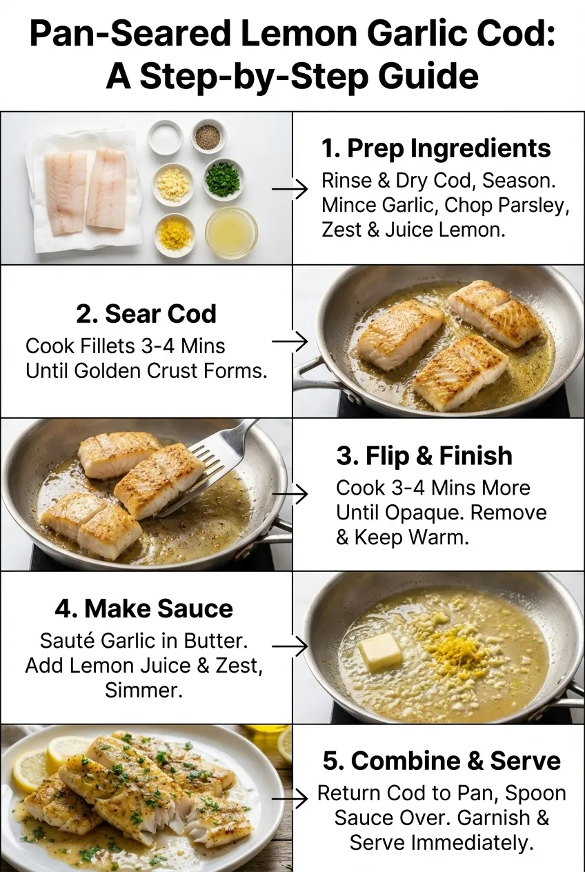 Pan-seared cod fillets in a lemon garlic butter sauce in a skillet, topped with fresh parsley.