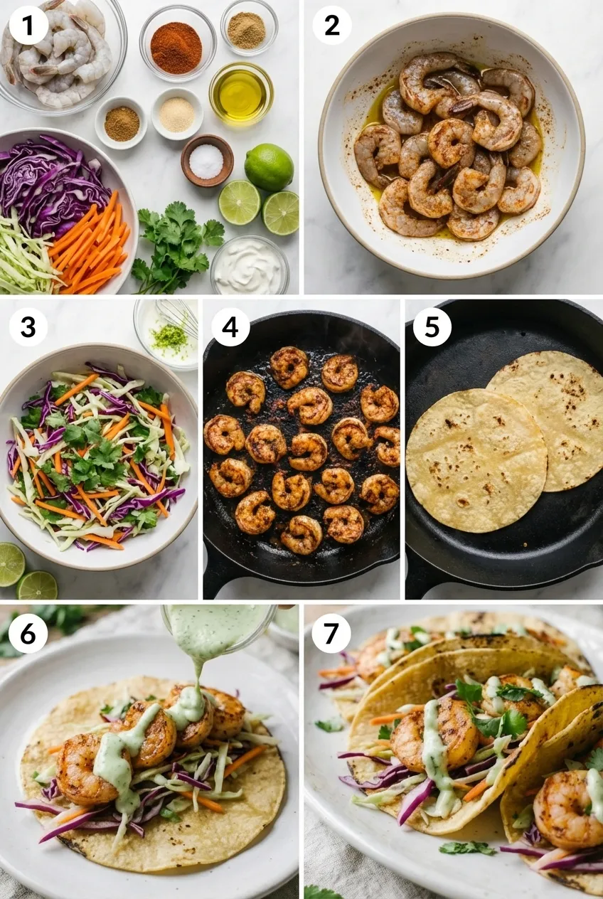 Spicy shrimp tacos on corn tortillas with purple cabbage slaw and lime crema, viewed from the side.