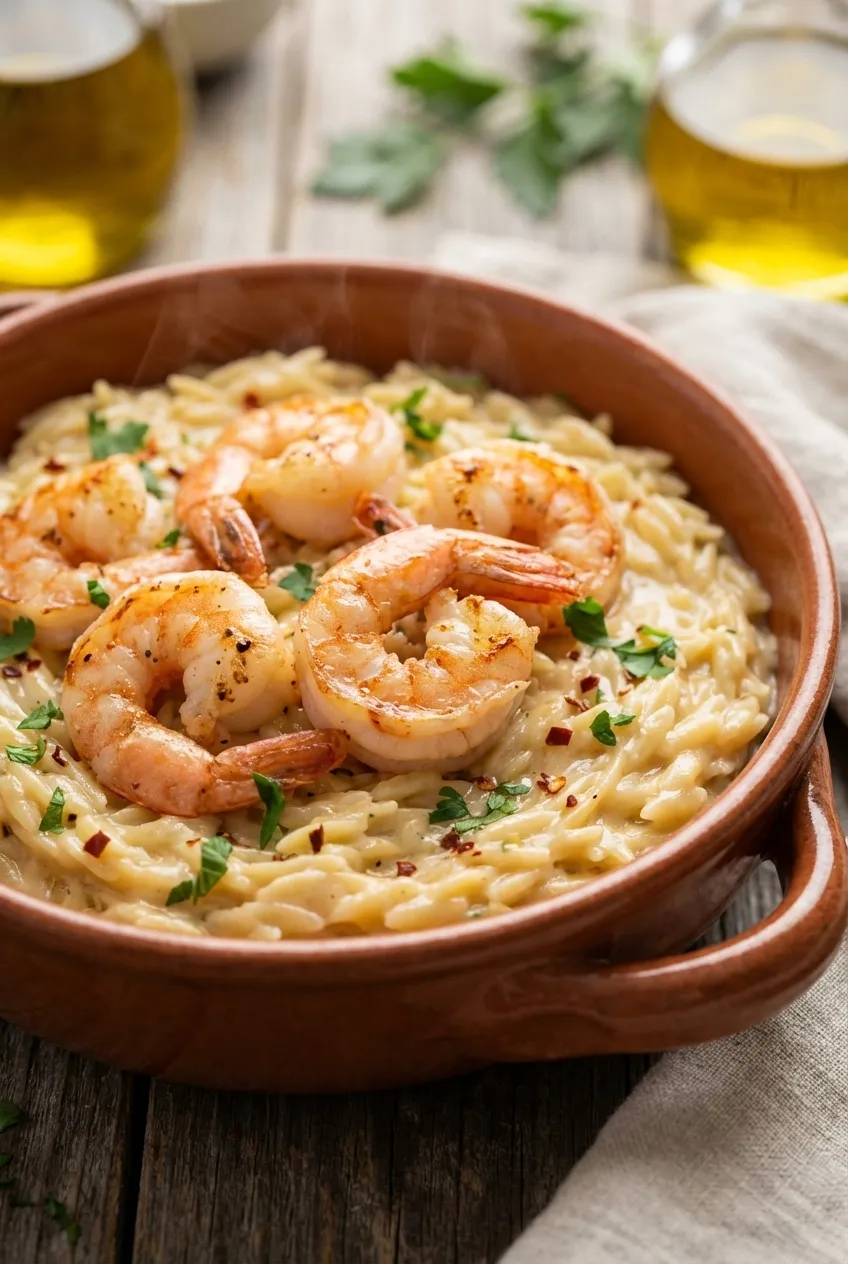 A large skillet filled with one-pot shrimp orzo, garnished with fresh parsley and lemon wedges.
