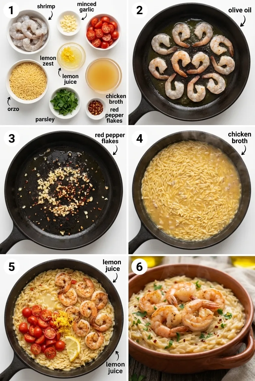 A large skillet filled with one-pot shrimp orzo, garnished with fresh parsley and lemon wedges.