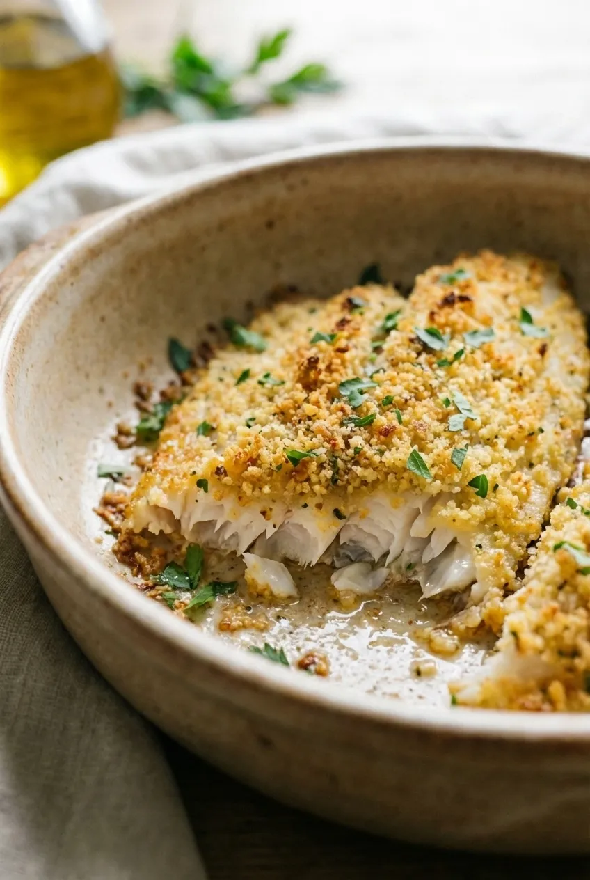 Garlic Parmesan baked tilapia in a white baking dish, garnished with fresh parsley.