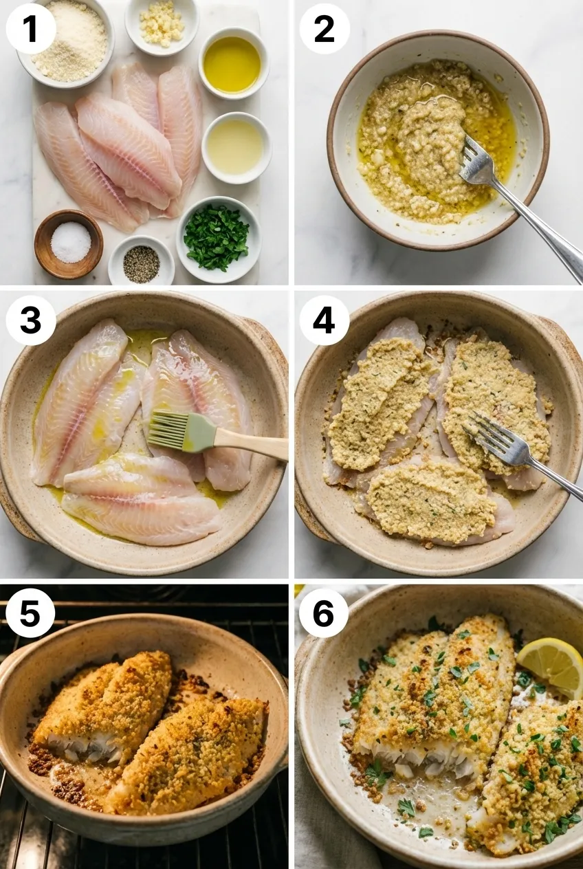 Garlic Parmesan baked tilapia in a white baking dish, garnished with fresh parsley.