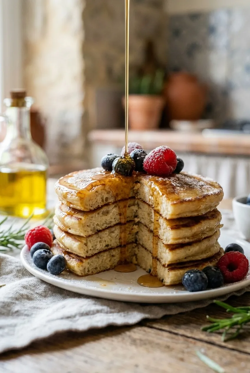 A stack of golden brown sourdough discard pancakes on a white plate, topped with maple syrup and fresh berries.