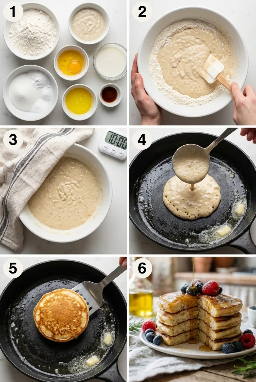 A stack of golden brown sourdough discard pancakes on a white plate, topped with maple syrup and fresh berries.